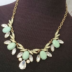 J. Crew brasstone statement necklace with mint green and aurora borealis stones